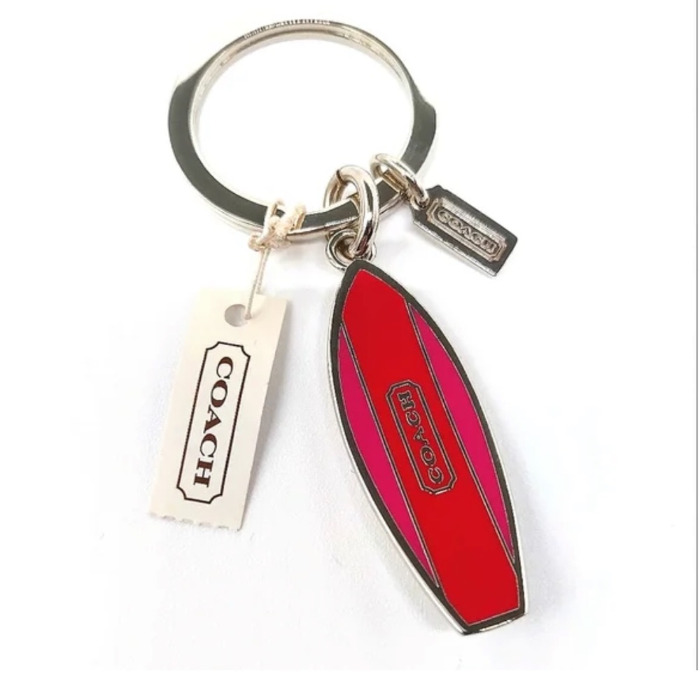 Coach Red and Pink Enamel Surfboard Keychain, Like New Condition